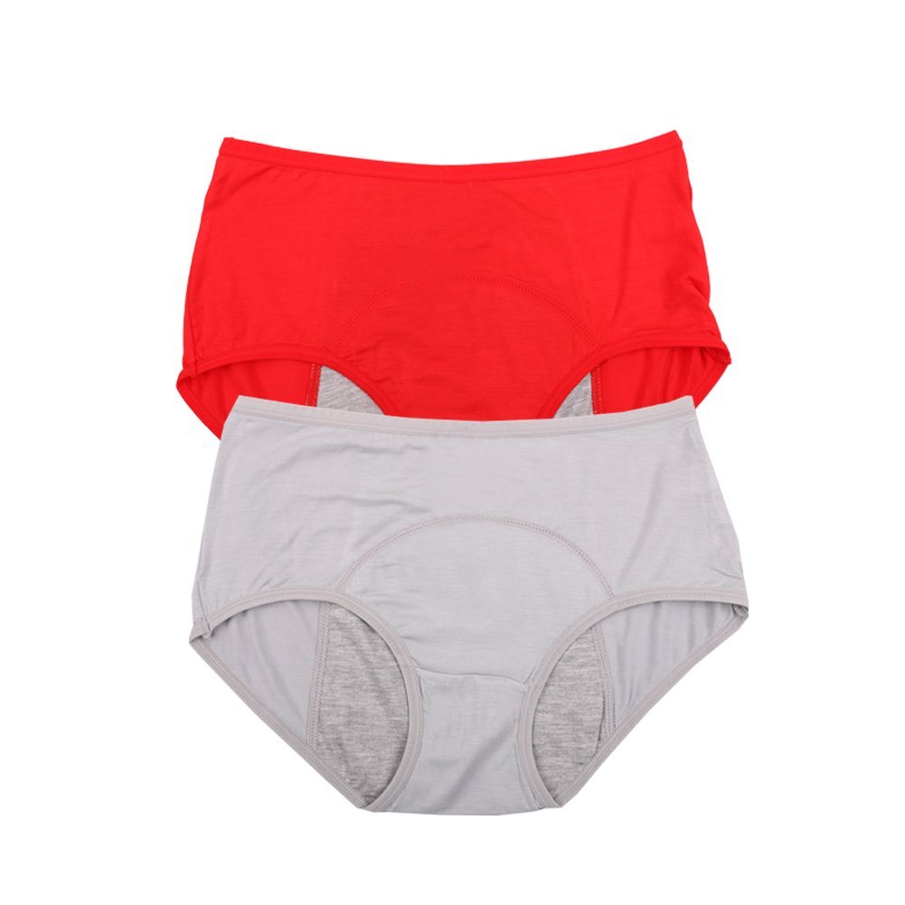 YOYI FASHION Bamboo Viscose Period Briefs, 2 Pack, Red Gray