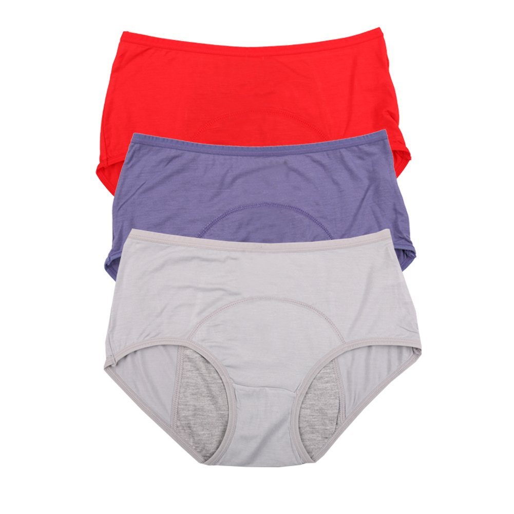 YOYI FASHION Bamboo Viscose Period Briefs, 3 Pack, Red Denim Blue Gray